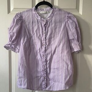 Lanhtropy Lavender Scallop Linen Shirt Purple Striped Puff Sleeve Blouse S